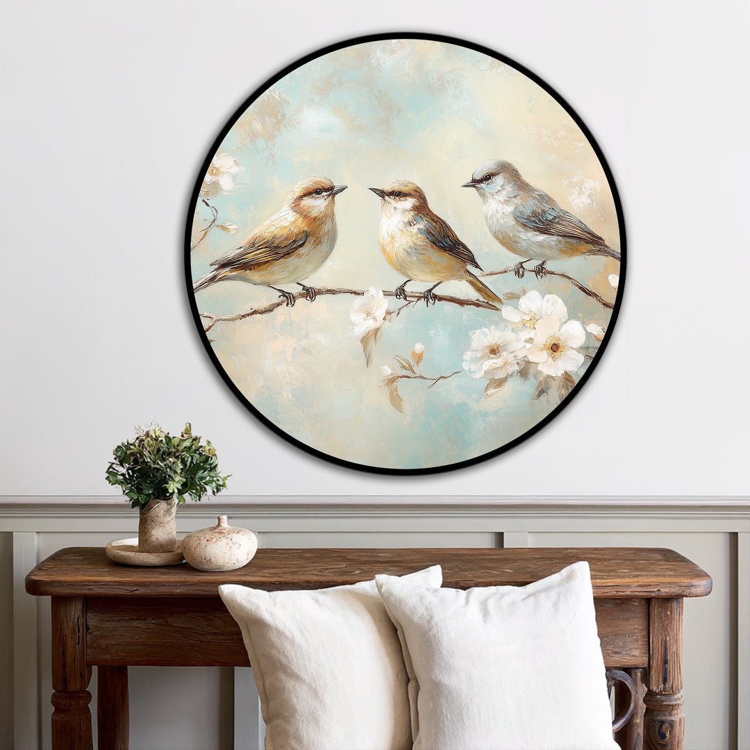 Whispering Blossoms – Three Songbirds Round Oil Painting