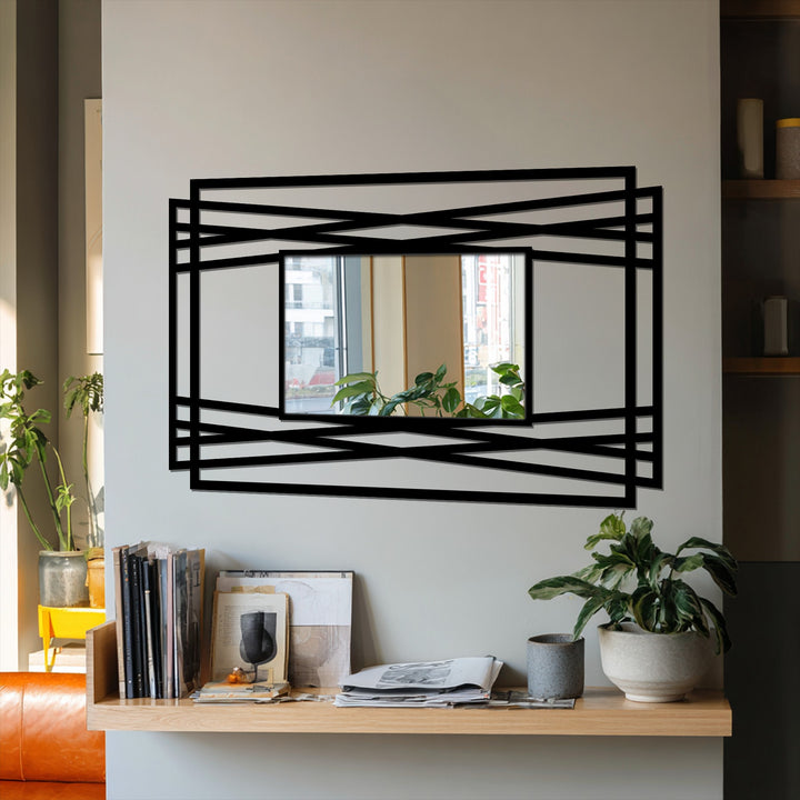 Reflecting light, decorating with wall mirrors brings depth to this black metal design vertical line geometry frame mirror.