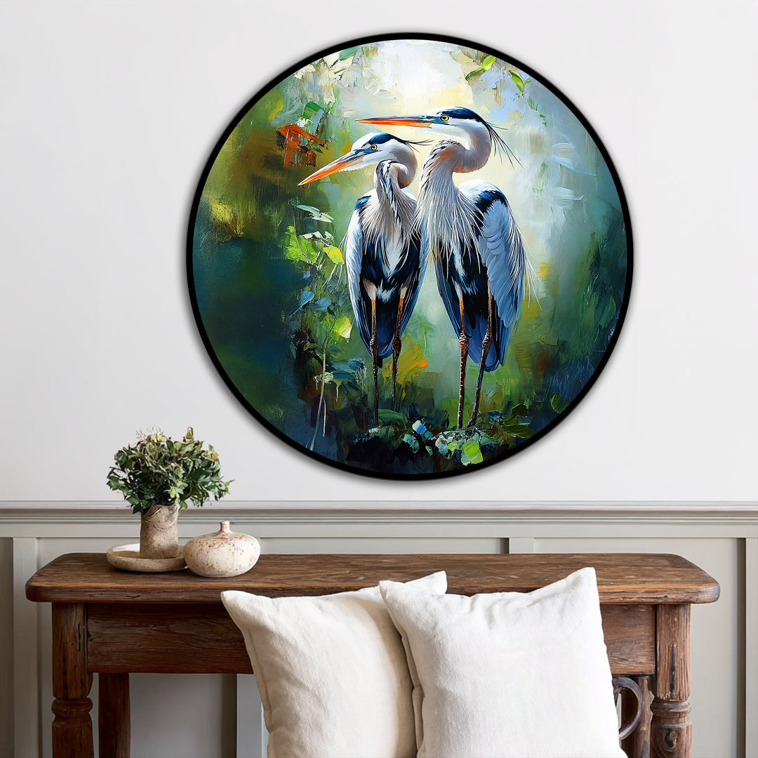 Illuminating depth and layers define this 'Twin Grace' oil painting art piece, showcasing a heron pair amidst a backdrop of lush, ethereal greens.