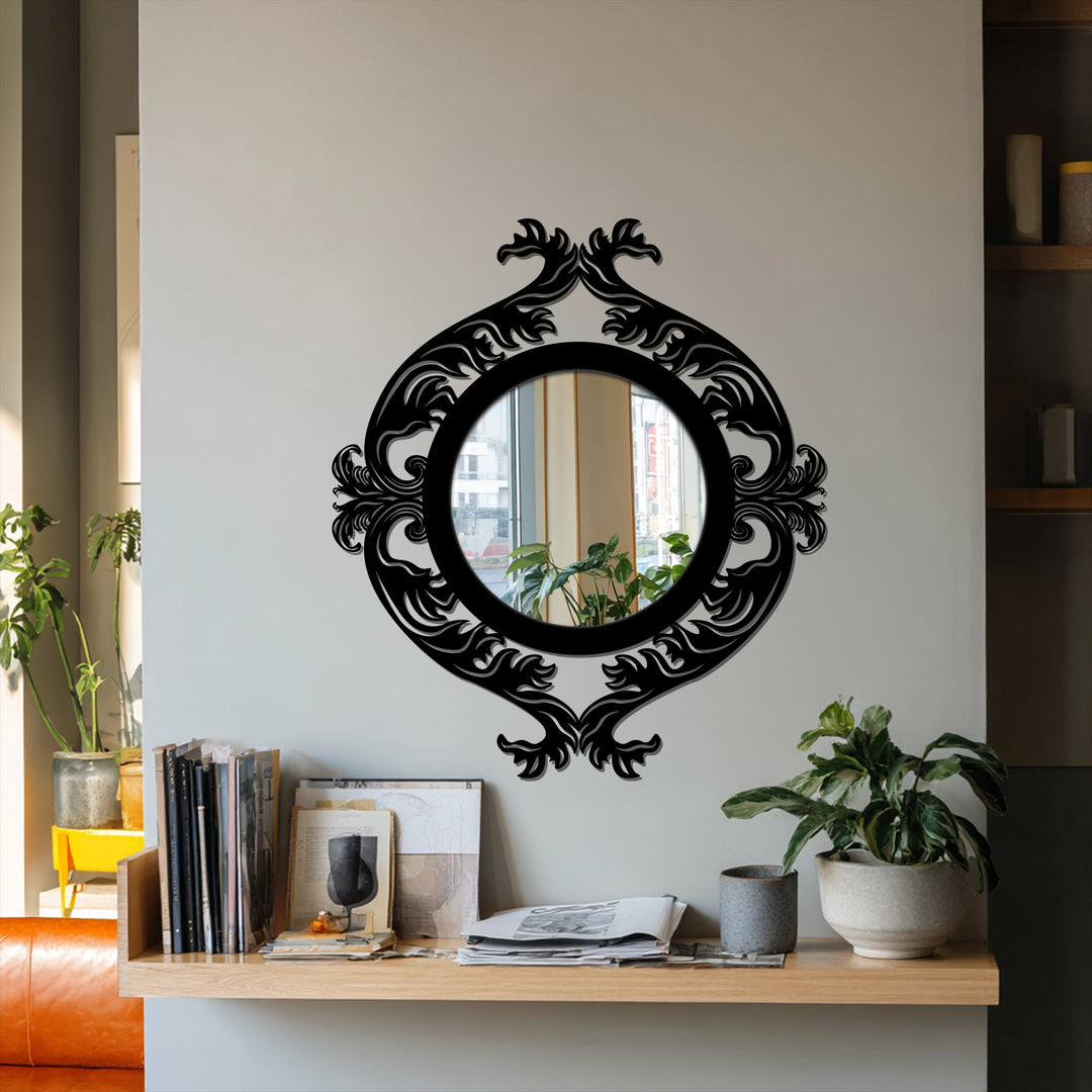 Spiraling patterns on the ornate dual dragon modern wall mirrors create a sense of unfolding motion in this striking metal wall decor.