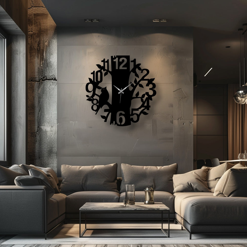 High color contrast emphasizes the dark Curious Cat Tree metal decoration wall art clock against the light gray wall in the living room.