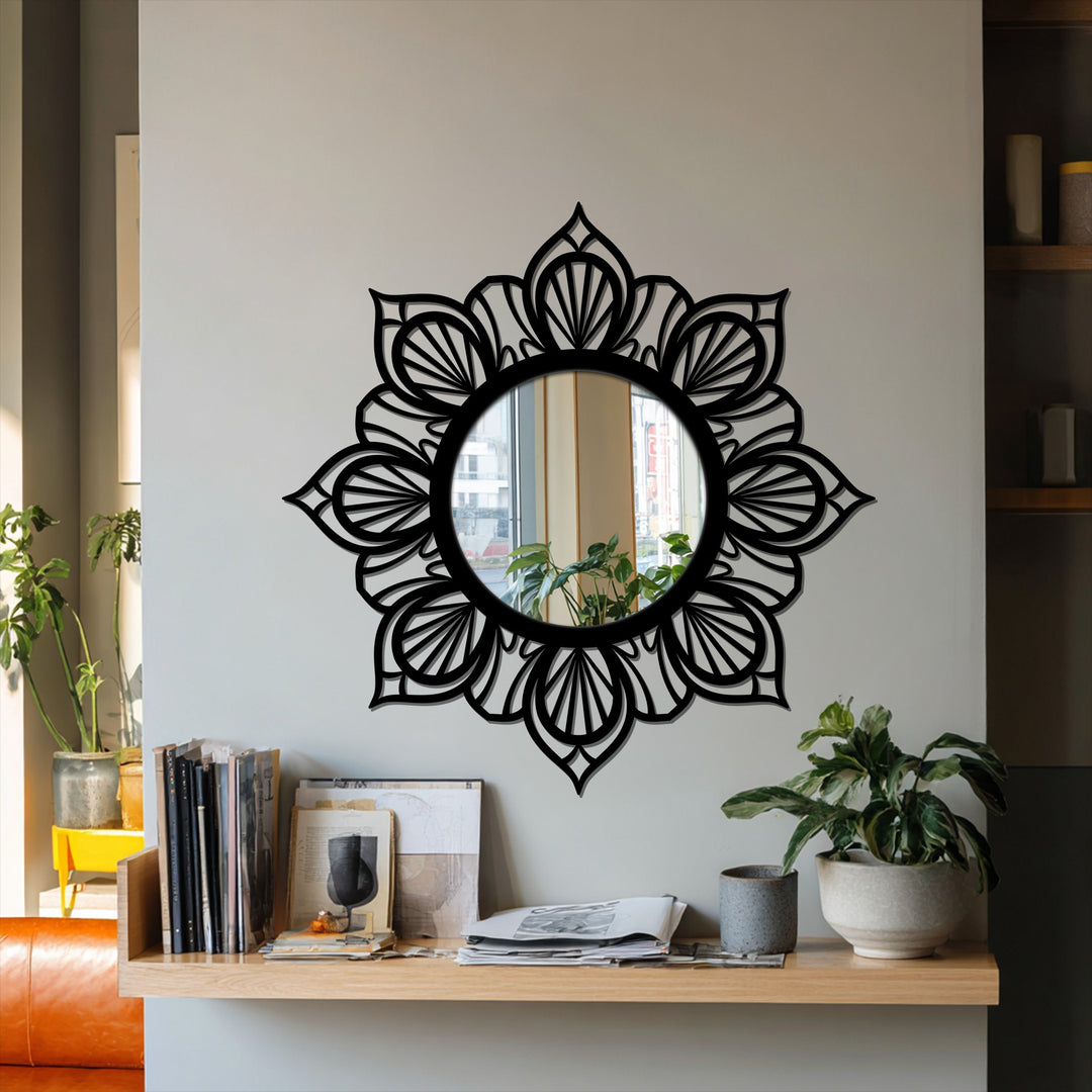 The mandala floral mirror's decoration wall art radiates a strong visual rhythm with its symmetrical, stylized petals encircling the reflective round center.