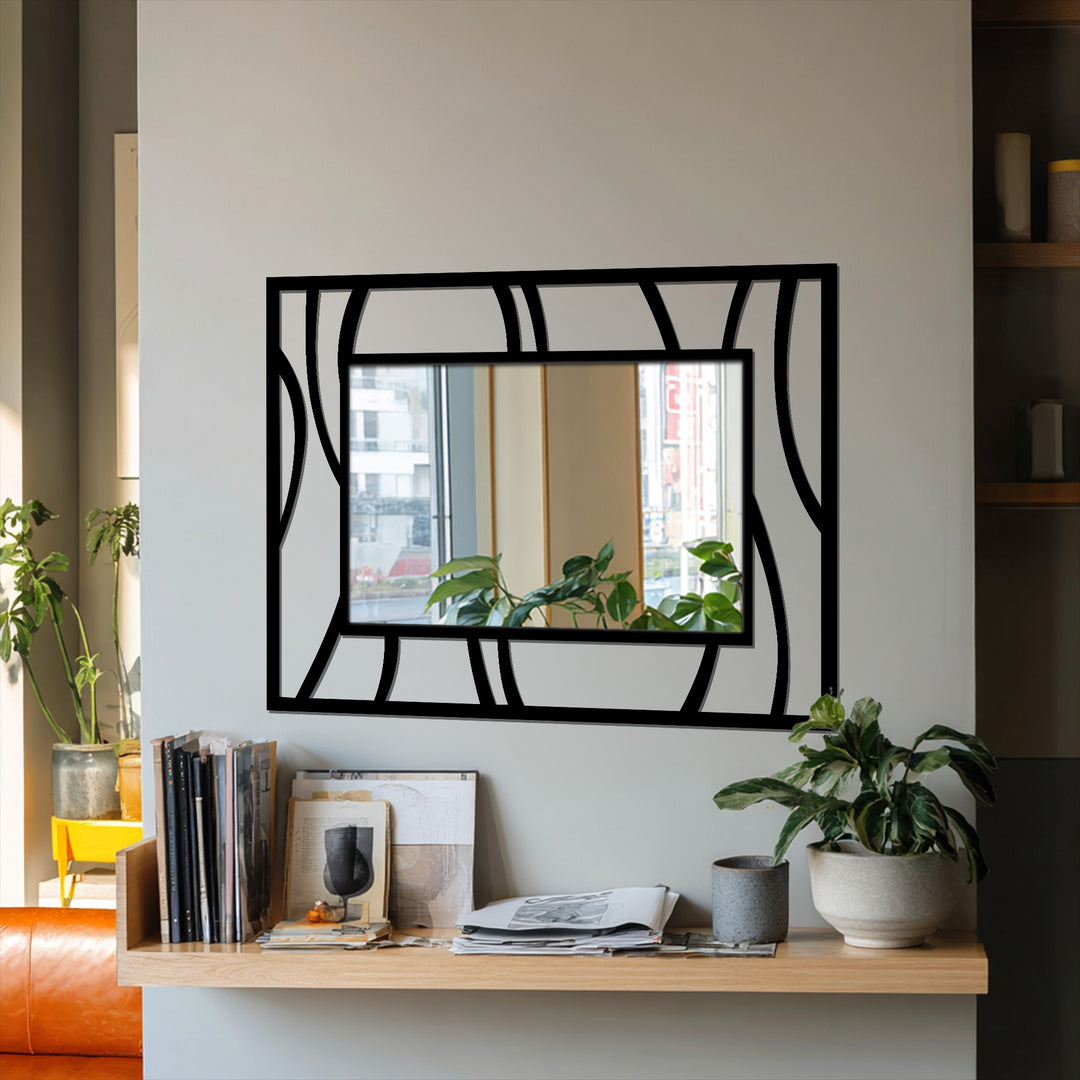 Highlighting its bold presence, the abstract wave frame showcases a modern fluid line design as a striking mirror for wall decor.