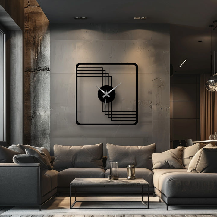 Foreground shows a modern square frame geometric unique metal wall art clock above a gray sofa with a marble-topped coffee table.