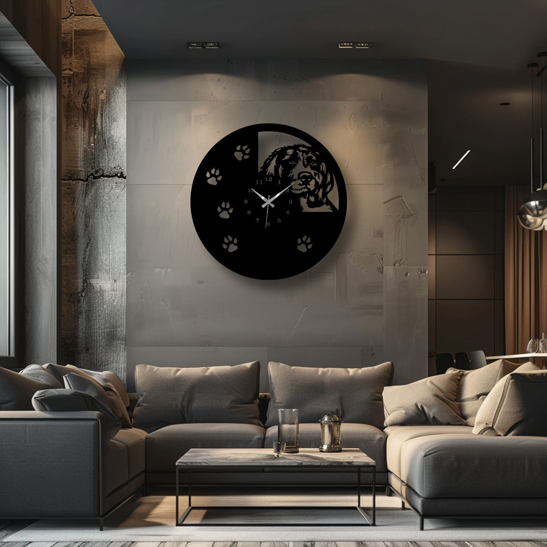 Bright light illuminates the textured wall, showcasing a sleek metal dog silhouette clock with paw prints, a striking decoration wall art.