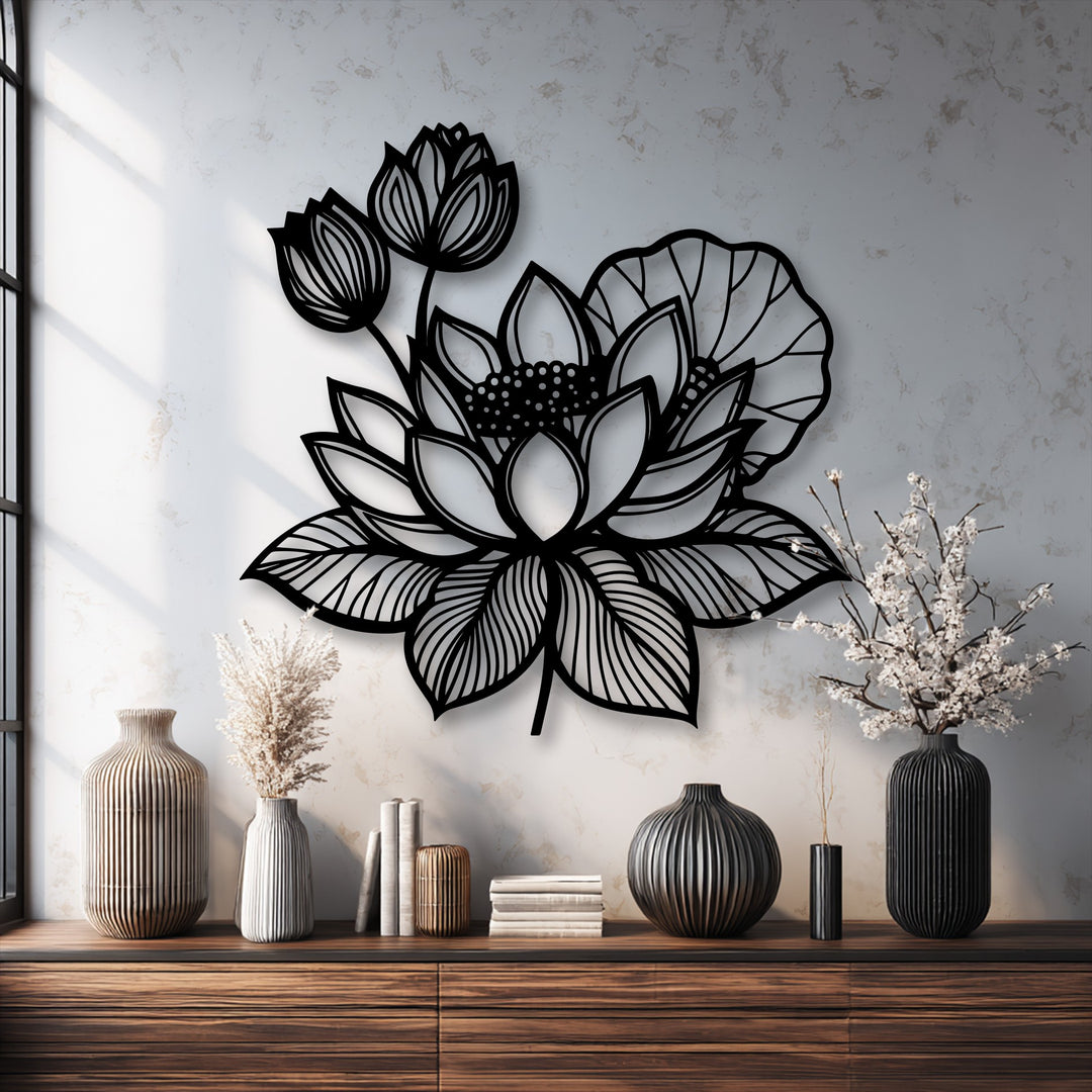 The dynamic layering effect of the black lotus floral metal art for wall adds sophisticated visual depth to the subtly textured background.