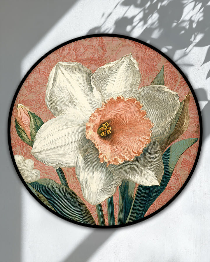 The realistic detail highlights this vintage daffodil bloom canvas art, a botanical floral wall art piece with a charming round design rendered with intricate lines and soft hues.