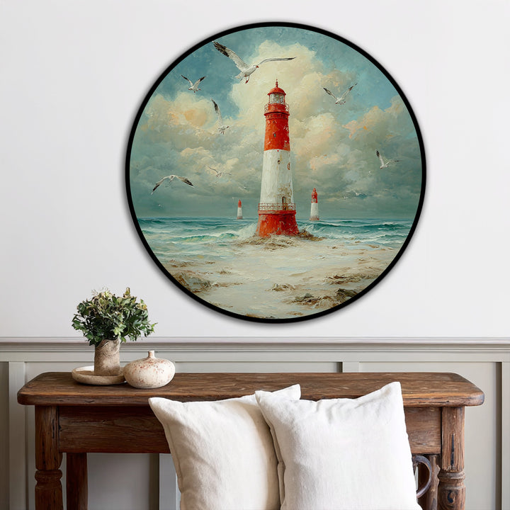 Turbulent brushstrokes and soaring seagulls evoke a vivid sense of movement in this coastal beacon with seagulls nautical lighthouse round oil painting art prints.