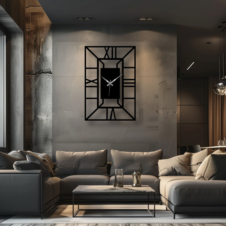 The brightest area highlights the architectural frame on the metal artwork of the wall clock, a geometric centerpiece above a gray sofa.