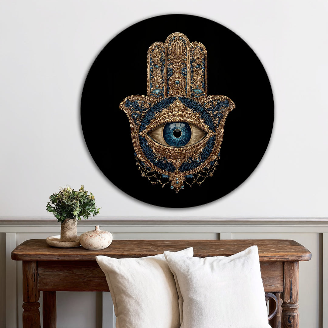 Focal point shows an intricately designed, ornate Hamsa eye, a striking example of oil painting decoration in deep blue and gold tones on a round, protective symbol.