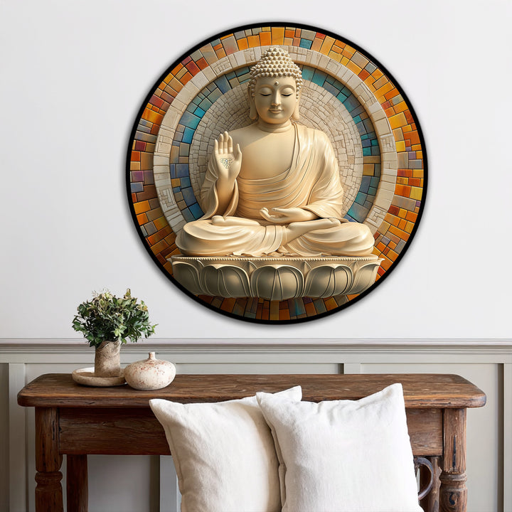 Negative space surrounds the round oil painting home decor depicting a golden Buddha with a mosaic halo, creating a serene and focused artistic impression.
