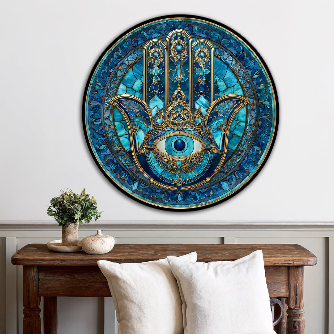 Blue Nazar Hamsa – Protective Eye Round Oil Painting on Wood