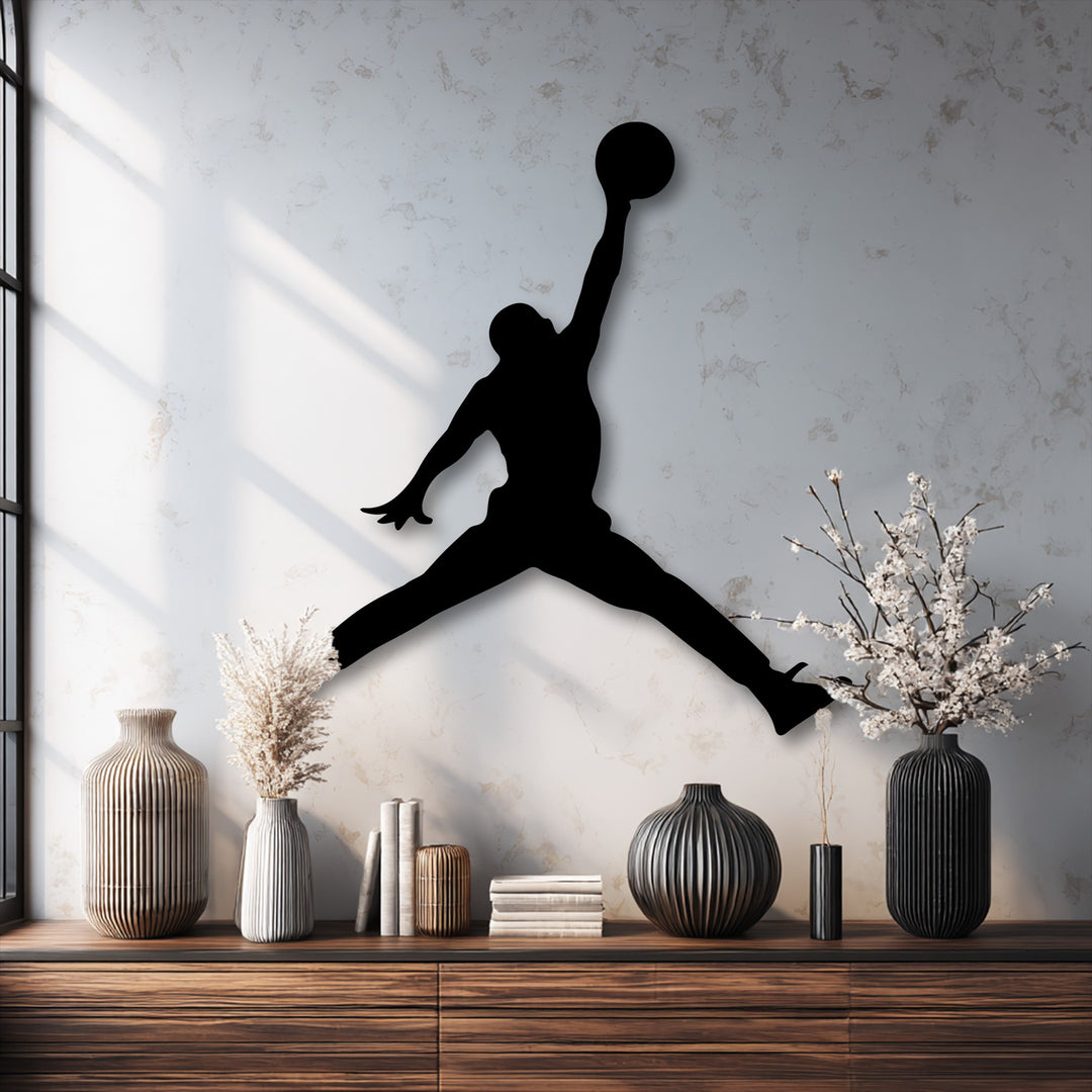 The sleek, clean edges of the basketball jump player metal artwork create a striking silhouette, making it a dynamic sports action decor piece.