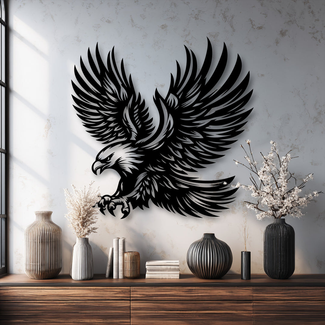 The darkest area highlights a majestic soaring eagle metal art for wall, a bold silhouette with intricately detailed outstretched wings.