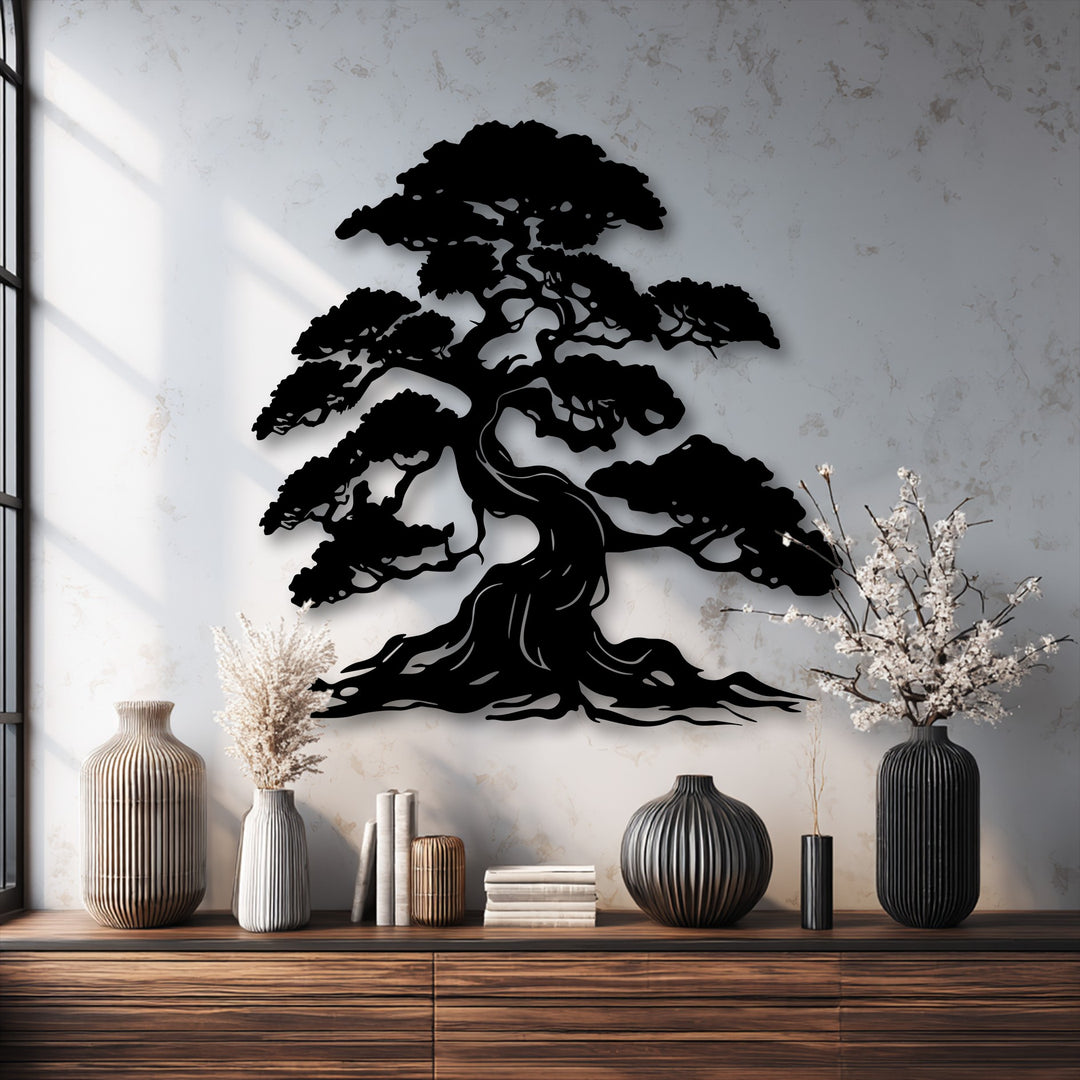 A dimensional layered effect defines the intricate bonsai tree metal art for wall, with its shadow creating a striking depth against the wall.