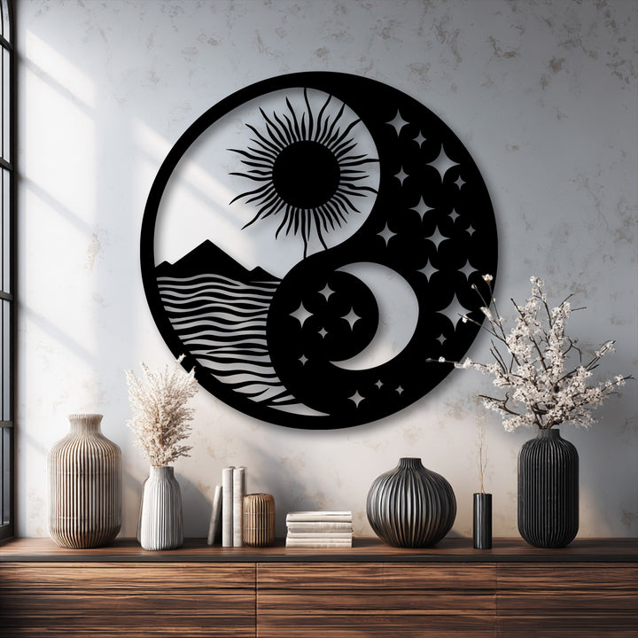 The delicate white cherry blossoms gently enhance the bold sun and moon landscape design of the unique metal wall art.