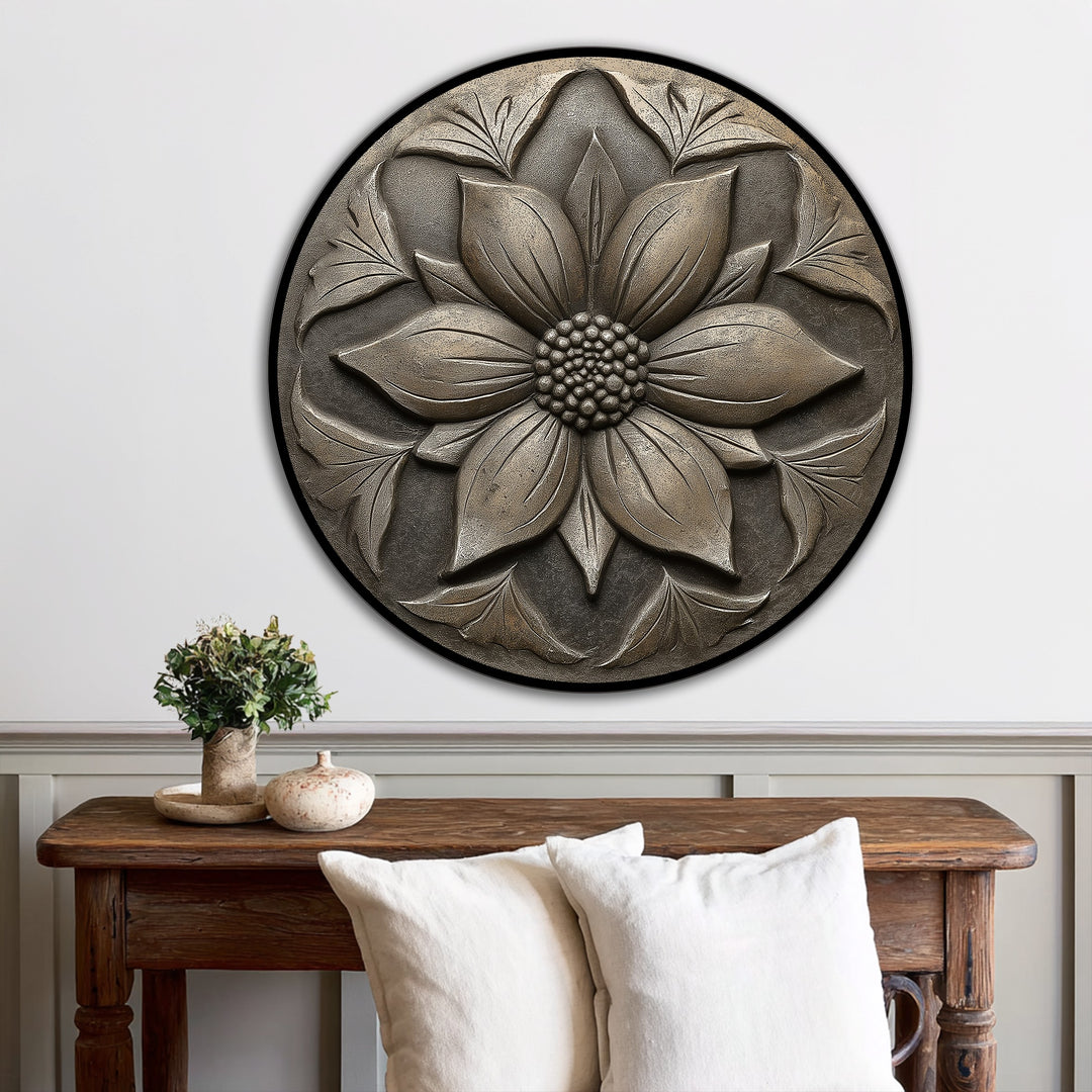 The darkest area frames the vintage blossom relief in this modern oil painting art, highlighting the depth and texture of the floral wall decor.