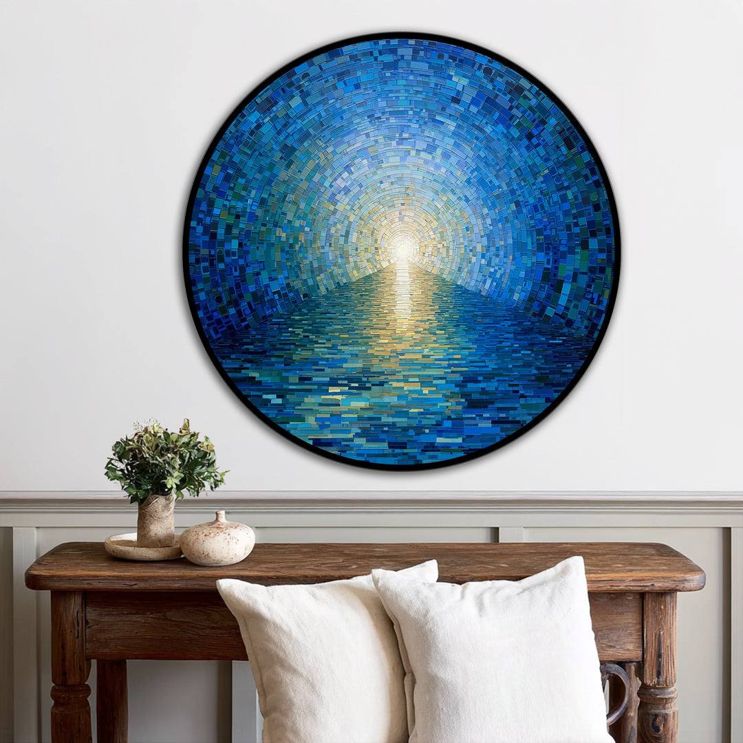 Radiant Horizon – Blue Mosaic Ocean Round Oil Painting