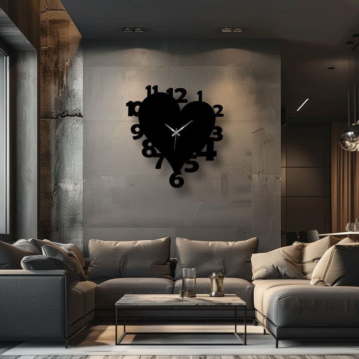 The textured concrete-style wall behind the heart shape metal wall clock serves as a striking backdrop for modern decoration wall art.