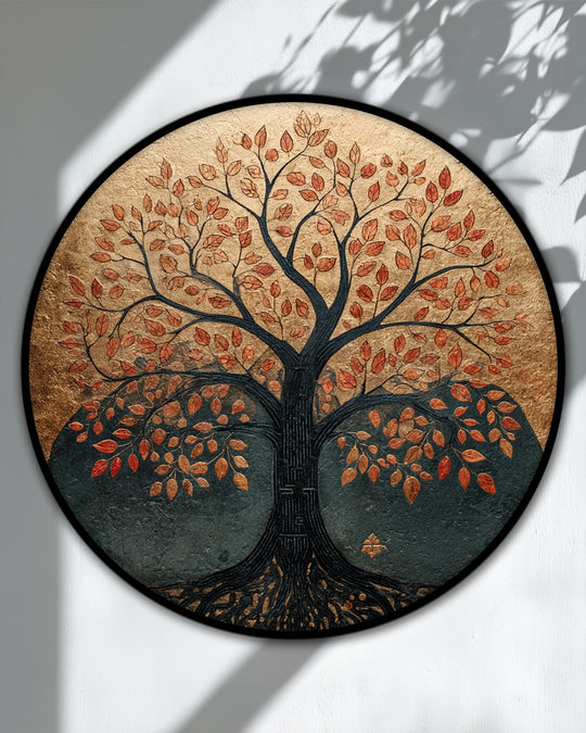 Rustling leaves animate the Autumn Tree of Life round canvas wall decor, giving the rustic nature art a vibrant sense of depth.