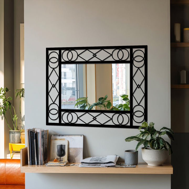 The art deco circle and diamond metal floor mirror features a striking black metal frame, showcasing unique geometric metal wall decor that enhances its edges and borders.