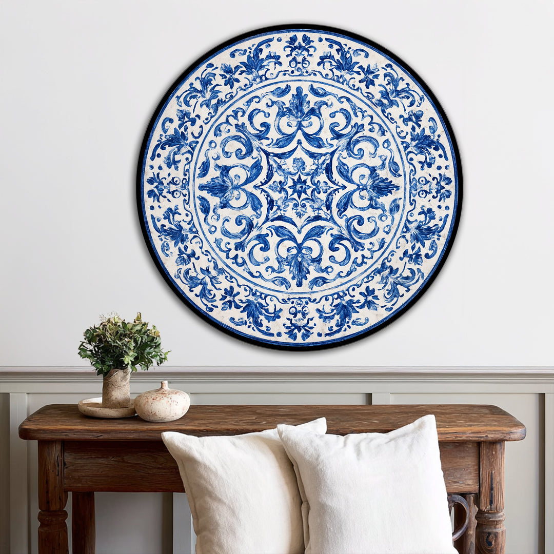Elegant swirls and curves define the organic forms in this classic blue ornamental plate-style round oil painting wall art, lending a timeless touch.