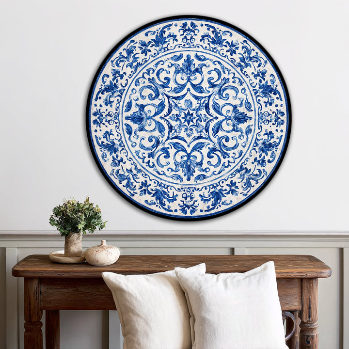 Elegant swirls and curves define the organic forms in this classic blue ornamental plate-style round oil painting wall art, lending a timeless touch.