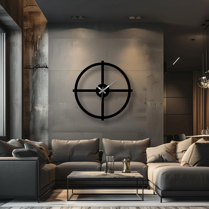 Gray is the dominant color in this setting, featuring a minimalist black metal artwork wall clock as a modern decorative piece.