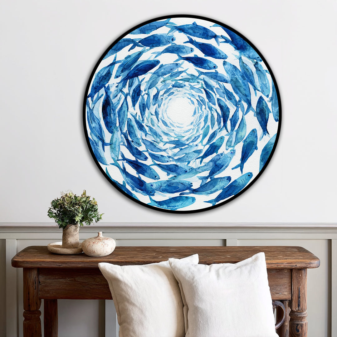 Expertly crafted on wood, the blue spiral school of fish round oil painting showcases superior oil painting reproduction print techniques, enhancing the home decor.