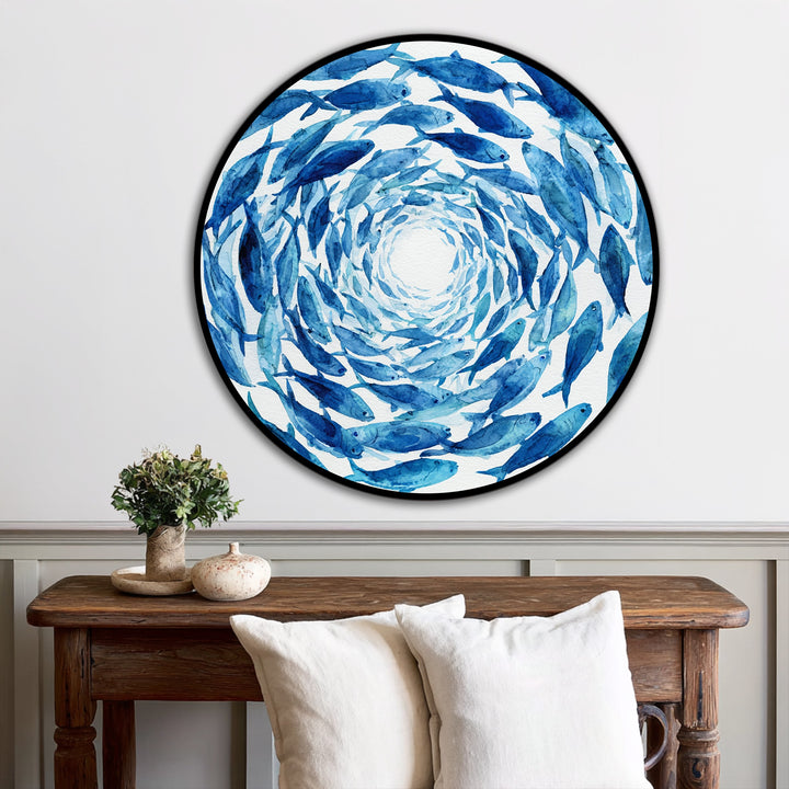 Expertly crafted on wood, the blue spiral school of fish round oil painting showcases superior oil painting reproduction print techniques, enhancing the home decor.