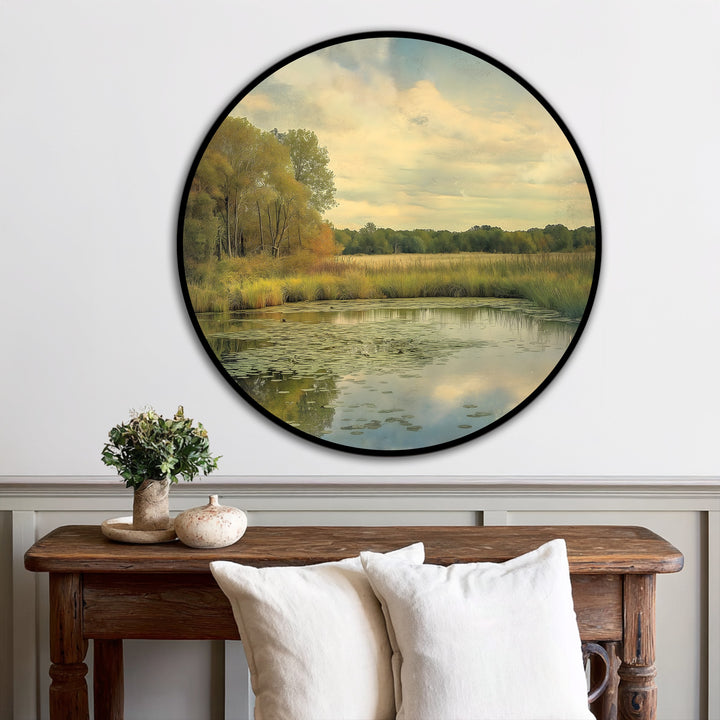 Highlighting the pond's surface, the brightest area in this golden meadow reflection presents stunning oil painting artwork of a tranquil landscape.
