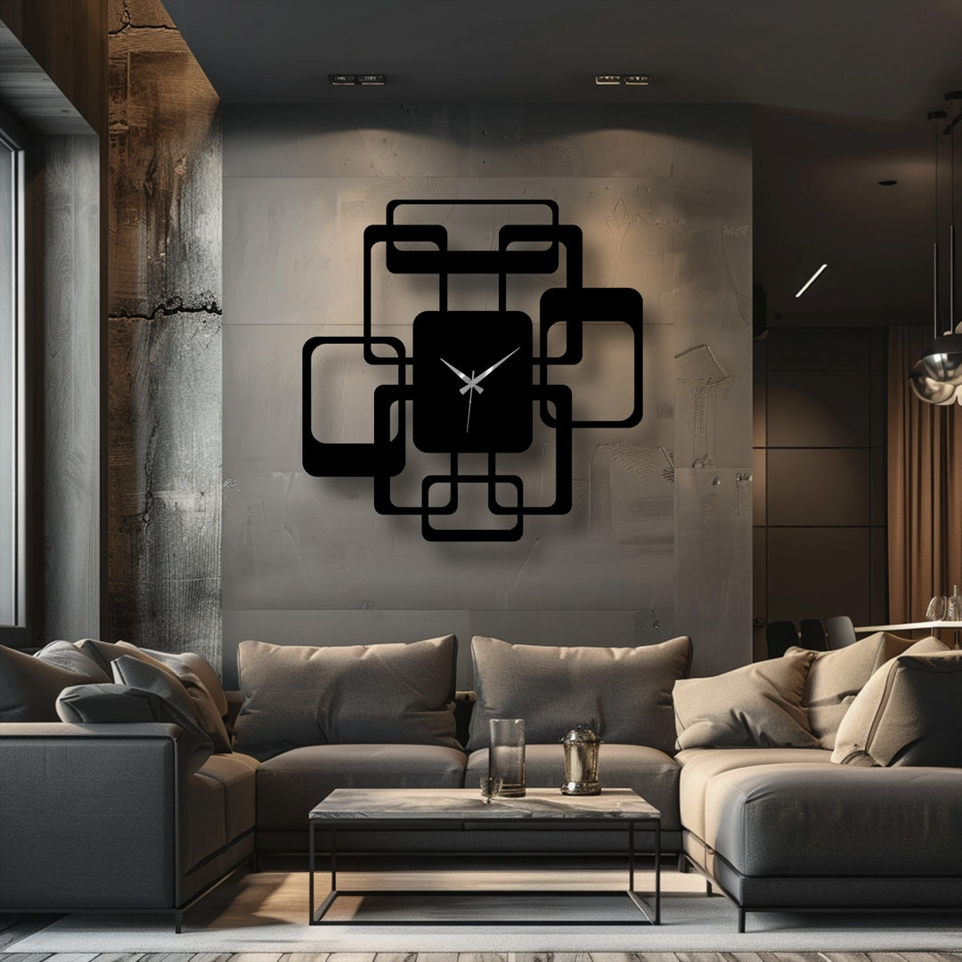 Realistic detail captures the unique metal wall art of a modern interlocking squares metal wall clock, enhancing contemporary wall decor.