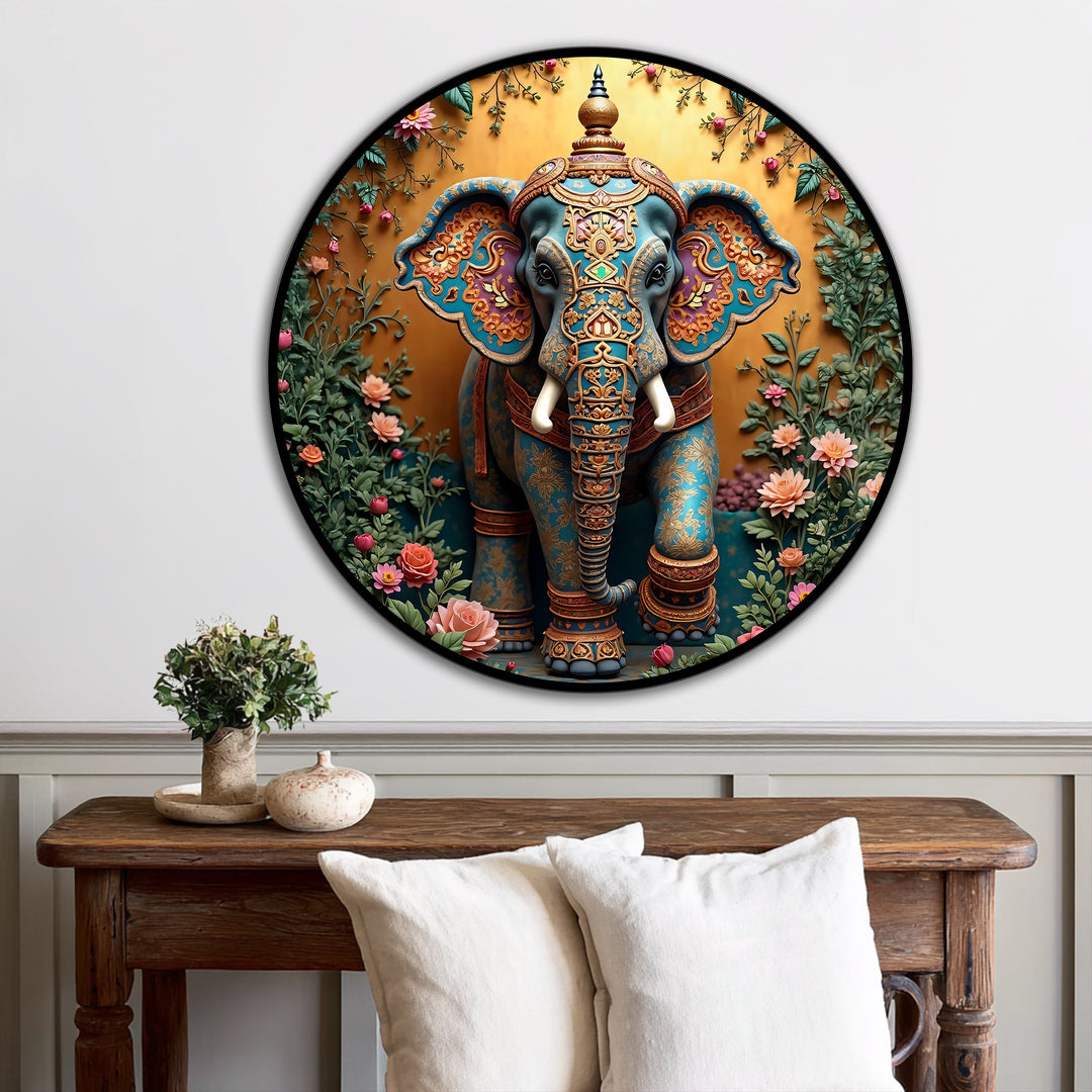 Sacred Garden Majesty – Floral Ganesha Round Oil Painting