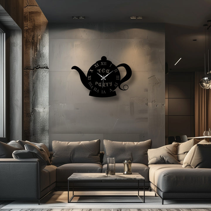 Black decorative metal art accentuates the teapot shape of this vintage-style wall clock, casting unique shadows on the textured backdrop.
