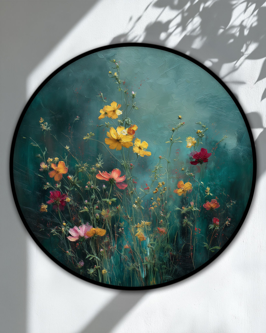 Vivid color saturation enhances this round canvas wall art, featuring a wild meadow bloom design with colorful floral accents on a teal backdrop.