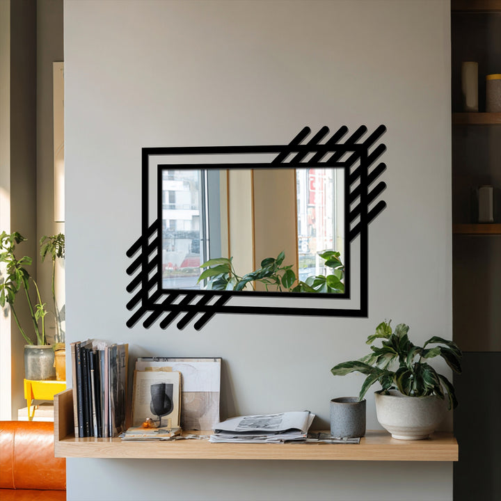 Horizontally oriented rectangular metal artwork presents an abstract linear design, creating a contemporary geometric shaped accent piece for wall decor.