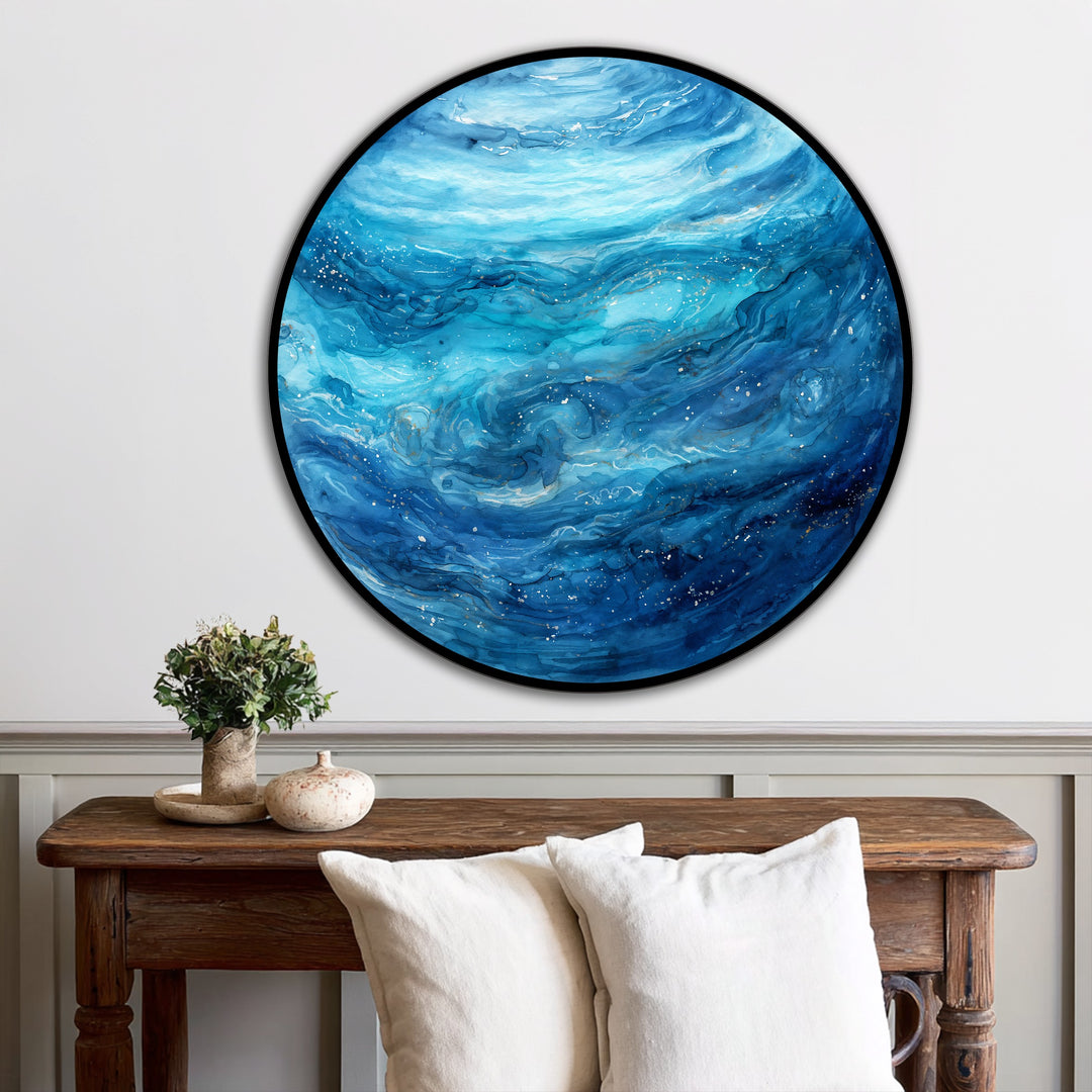 Celestial Ocean Drift – Blue Abstract Round Oil Painting