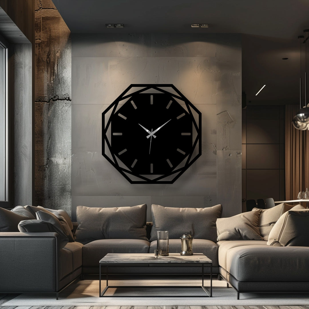 Negative space highlights the geometric design of this modern decoration wall art clock, a stylish octagonal metal piece casting shadows on the wall.