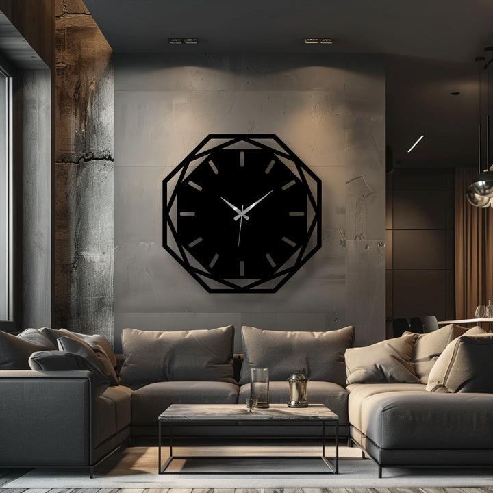 Negative space highlights the geometric design of this modern decoration wall art clock, a stylish octagonal metal piece casting shadows on the wall.