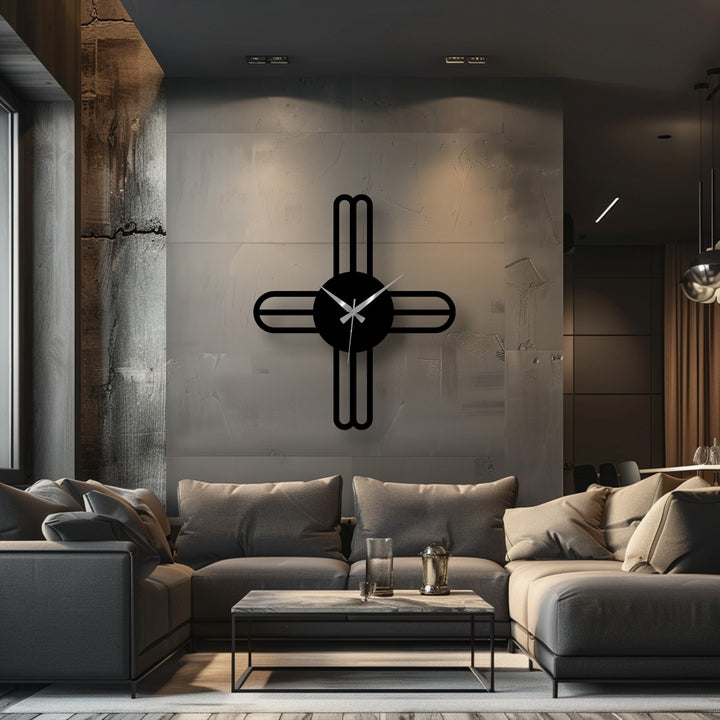 Framed by crisp edges, this modern cross line minimalist metal wall clock presents as decorative metal art, with distinct borders contrasting the muted backdrop.