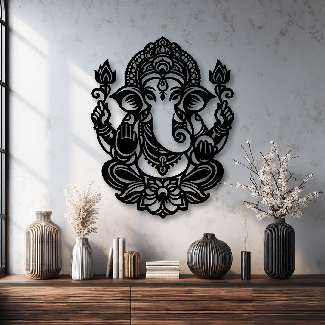 The focal point, a sacred Ganesha unique metal wall art, beautifully depicts a stylized lotus design on a textured wall.