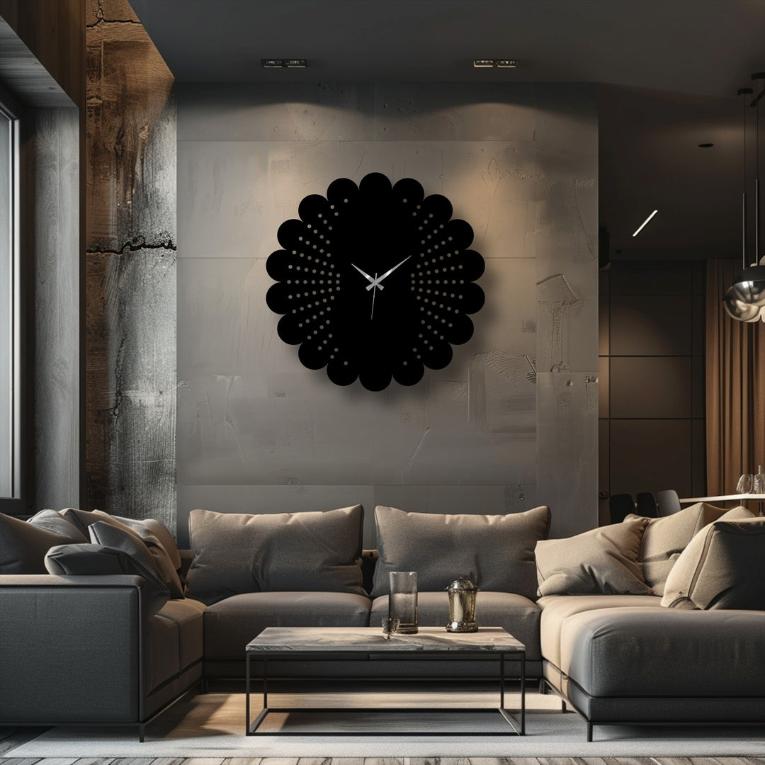 Surface texture of the scalloped metal art for wall clock is accented by the dotted pattern, contrasting against the smoothness of the minimalist room's backdrop.