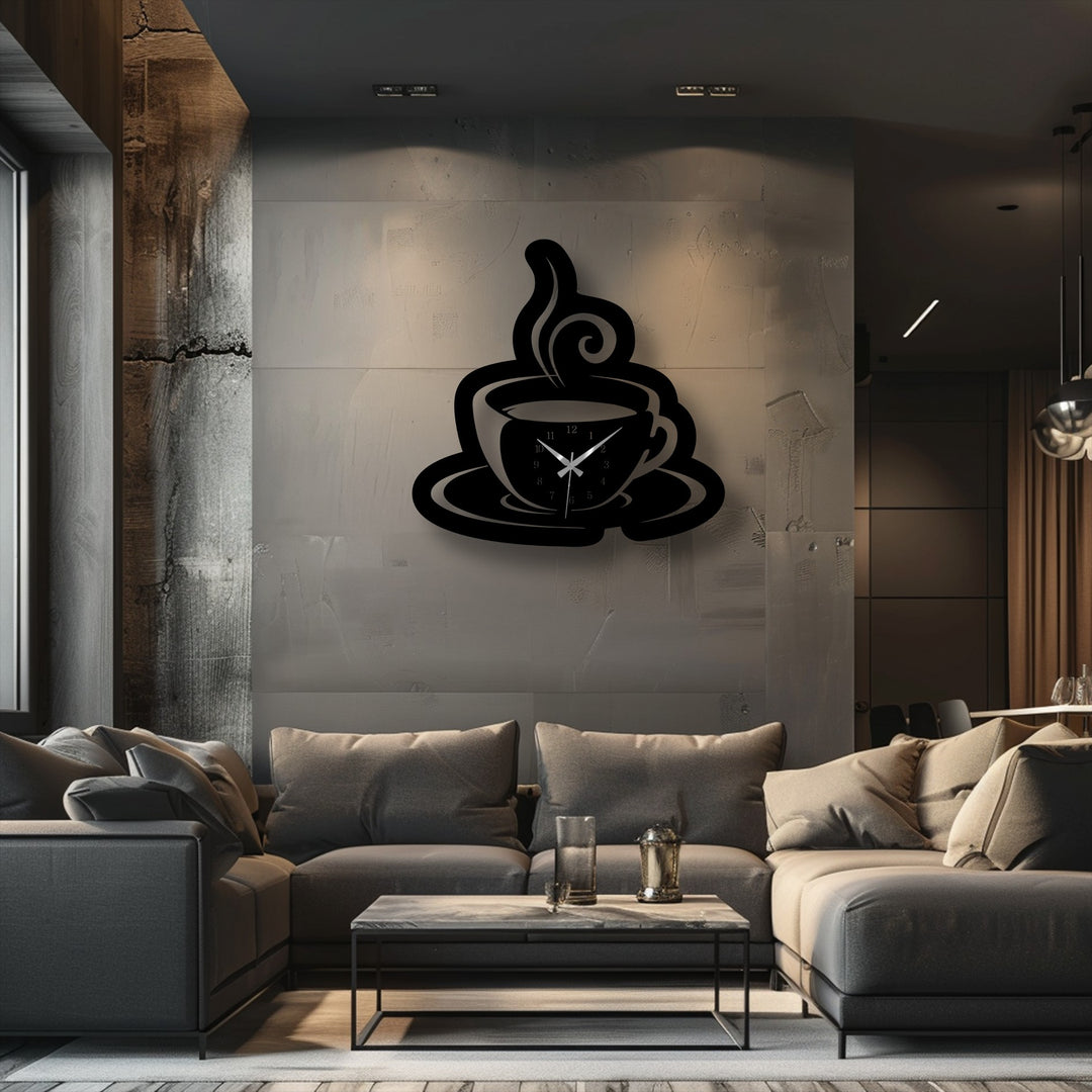 The elegant matte black finish of the unique metal wall art coffee cup clock beautifully contrasts the textured grey wall.