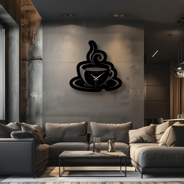 The elegant matte black finish of the unique metal wall art coffee cup clock beautifully contrasts the textured grey wall.