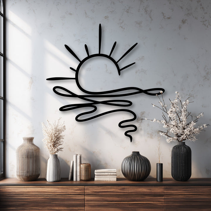Horizontally oriented, this abstract metal decoration wall art depicts a stylized sunrise over fluid, interlocking wave lines.