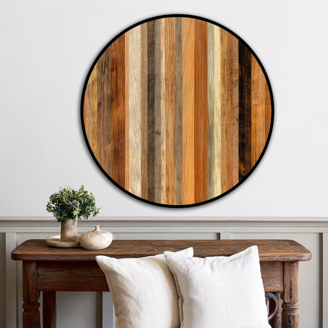 Layering of vertical wood grains creates depth in this natural rhythm round oil painting art piece, bringing texture and visual interest to the wood grain wall art.