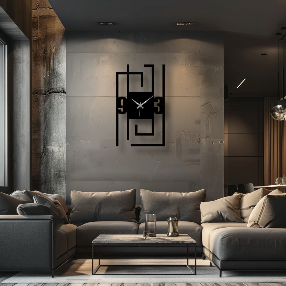 Cool color temperature lighting enhances the modern numeric metal wall clock with an abstract line frame, showcasing the decorative metal art against a neutral backdrop.