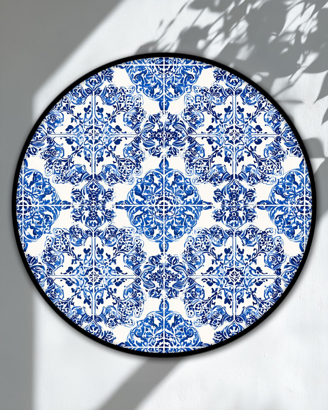 The realistic detail of the Blue Ornamental Tile Pattern Round canvas art showcases a stunning classic ceramic style design, turning a canvas art piece into a refined wall decor.