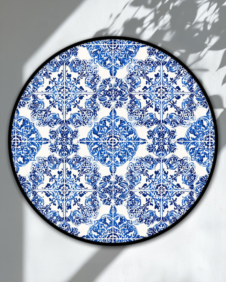 The realistic detail of the Blue Ornamental Tile Pattern Round canvas art showcases a stunning classic ceramic style design, turning a canvas art piece into a refined wall decor.