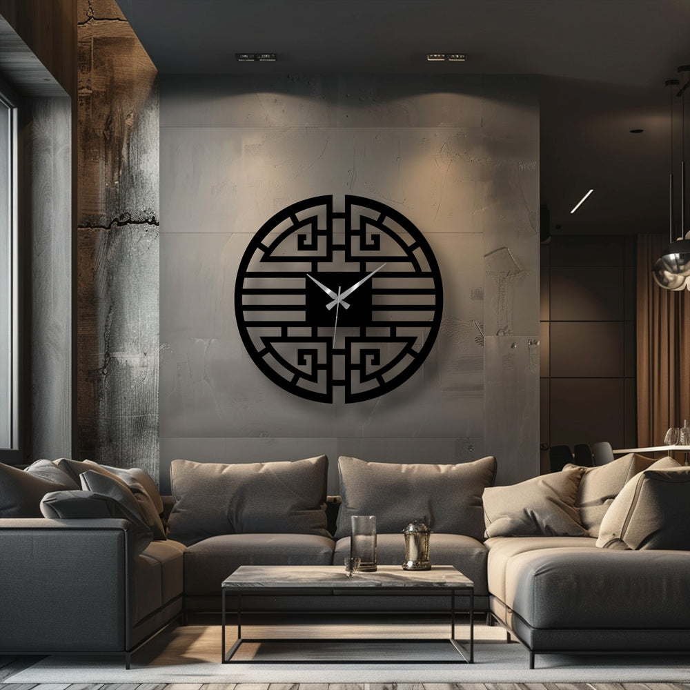 The negative space accentuates the geometric details of this Asian-inspired metal artwork wall clock, offering a modern and decorative metal focal point.